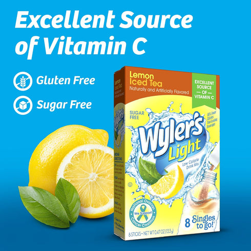 Packets, 96 (Pack 12) Wyler's Light Singles To Go Powder Water Drink Mix, Lemon Iced Tea, Single Servings