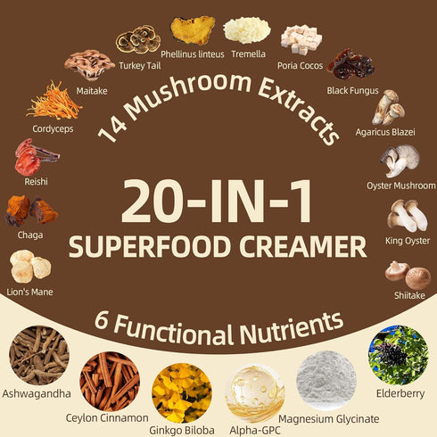 50 20-in-1 14 Mushroom Coffee Creamer, Servings, Superfood Coconut Creamer Powder with Mushroom Supplements
