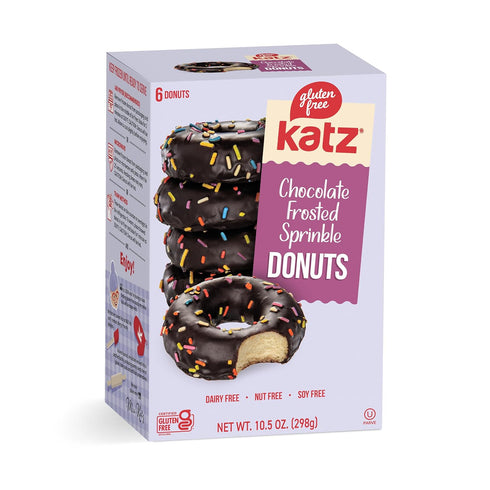 Katz Gluten Free Chocolate Frosted Sprinkle Donuts. No Artificial Color Free of