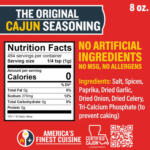 8 oz Pack 2, Ragin' Cajun Original Cajun Seasoning - Shaker, of Low Sodium, No MSG - Authentic Louisiana Spice
