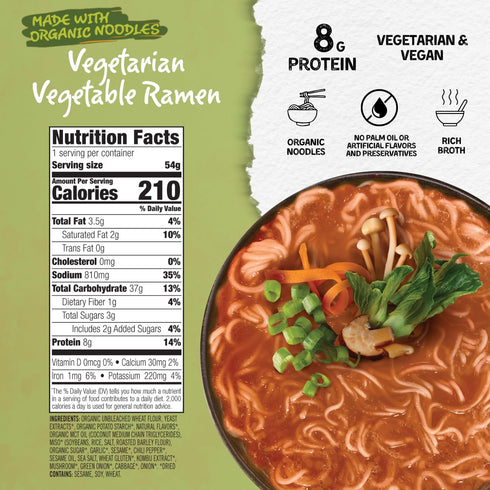 (Pack 6) 8g Mikes Mighty Vegetarian Vegetable Ramen Cup of Protein Instant Ramen Noodles Organic Steamed, Non-GMO, Palm