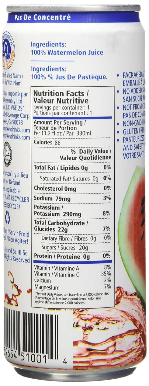 100% 11.2oz (330ml) 12-Pack Blue Monkey Pure Watermelon Juice - No Sugar Added, Not from Concentrate - Halal Certified