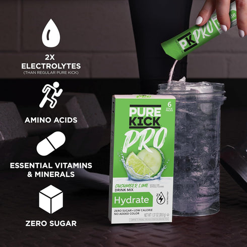 1 6 Packets PURE KICK PRO Hydration Electrolyte Drink Mix, Cucumber Lime, Includes Box with in Each Box