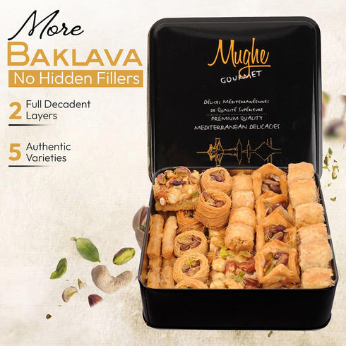 1.65lb/750g Mughe Gourmet Luxury Baklava Pastry Metal Gift Box - - Rich Pistachios, Walnuts, Cashews Double Layered