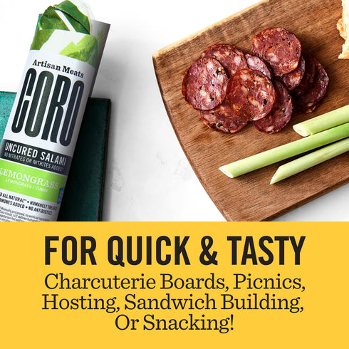 5oz Coro Uncured Lemongrass Artisan Salami Stick | Lemongrass & Warm Cumin | Perfect for Charcuterie Boards, Snacking