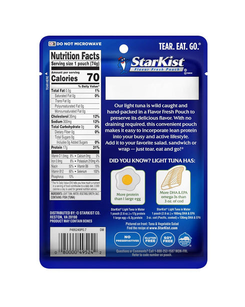 StarKist Chunk Light Tuna, 2.6 oz Pouch (4 Pack) - Wild Caught, Ready to Eat, 17g Protein, Gluten Free, Perfect for