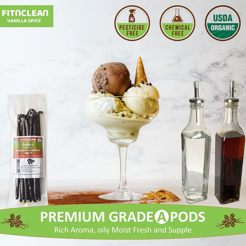 11 Madagascar Organic Vanilla Beans Grade A, Certified USDA Organic ~6" by FITNCLEAN VANILLA for Cooking and Baking
