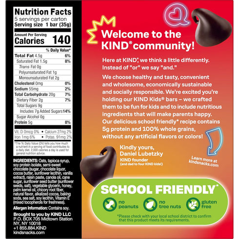 5g 5 Count KIND Kids Granola Bars, Chocolate Chip, Gluten Free, Low Sodium, Peanut and Tree Nut Free Snacks, Protein