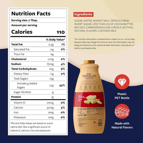 4lb 64 Oz Torani Puremade White Chocolate Sauce for Coffeehouse Drinks and Desserts, Large Bottle, Pump Included, Fl