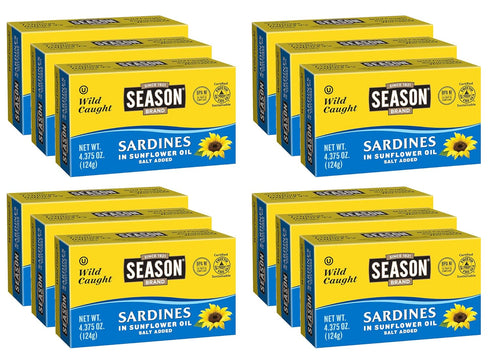 22g 3's 4.37 Oz, 12-Pack Season Sardines in Sunflower Oil - Wild Caught, of Protein, Keto Snacks, More Omega Than Tuna