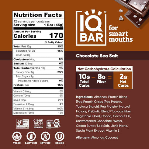 24 Count IQBAR Clean Plant Protein Bars - Chocolate Sea Salt - - Keto, Vegan, High Fiber, Gluten and Dairy Free, Low