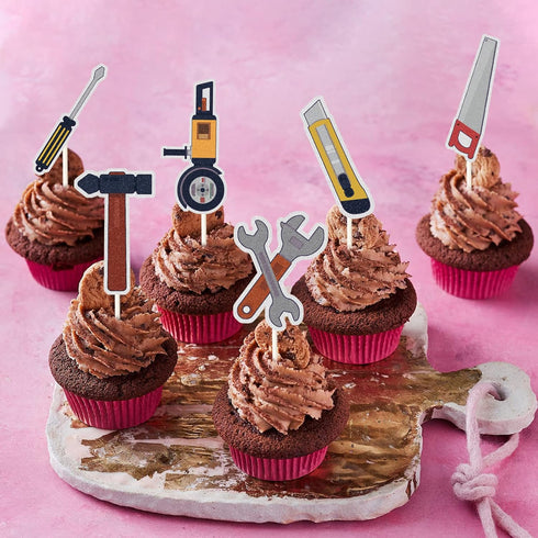 MEFENG 18pcs Mechanic Cupcake Toppers, Tools Dessert Toppers, Silver/Grey Birthday Party Supplies