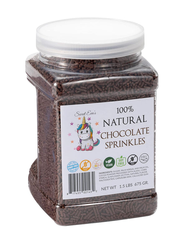 Sweet Evas 100% NATURAL CHOCOLATE SPRINKLES. Gluten Free. Dairy Free. Egg Free. Soy Free.