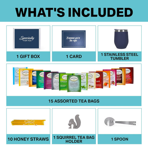 15 Tea Gifts for Women Sampler Gift Basket with Unique Blends, Honey Sticks, Stainless Tumbler & Gift-Ready Box