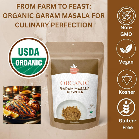 SPICY ORGANIC Garam Masala Powder 8 oz. - Traditional Indian Spice Mix for Curry, Chicken, Rice, Soups, Stews, Tofu,