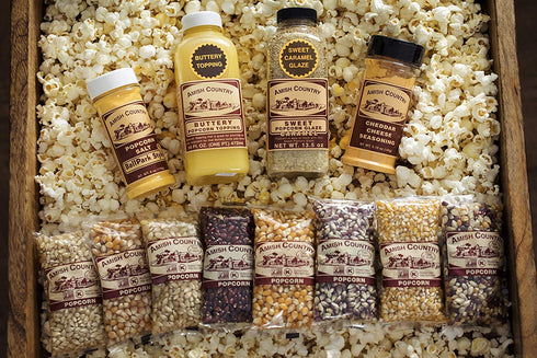 Country 8-4 Set Amish Popcorn | Ounce Variety Gift with Buttery Topping, Sweet Caramel Glaze, Ballpark Salt & Cheddar