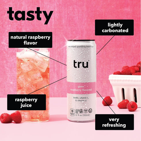 12 OZ 12 Pack Tru Glow Seltzer, Sparkling Water with Biotin, Vitamin C, Vitamin A & Real Raspberry Juice, Sweetened