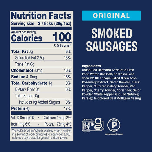 4 oz (Pack 5) Archer Jerky Smoked Sausages - Sugar Free Sausage Links, Smoked Snack with Grass Fed Beef & Natural Pork