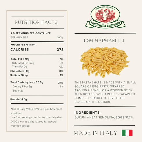 250g (Pack 2) Rustichella d'Abruzzo Egg Garganelli - Authentic Emilia-Romagna Pasta - Egg Pasta with Ridged Surface