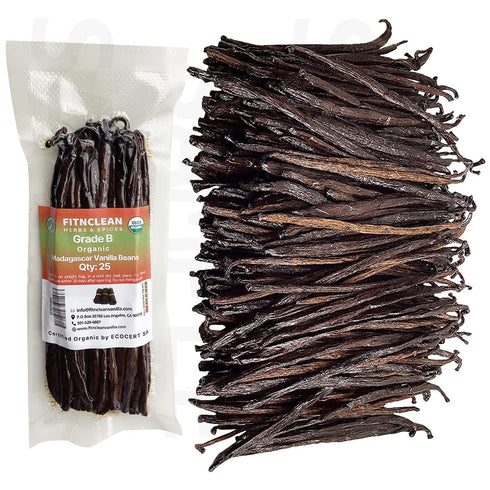 25 Organic Madagascar Vanilla Beans Grade B - Certified USDA Organic, 5"-7" Bulk by FITNCLEAN VANILLA