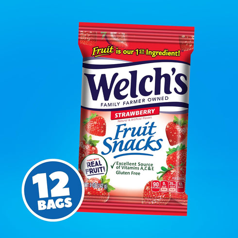5 oz (Pack 12) Welch's Fruit Snacks, Strawberry, Perfect for School Lunches, Sharing Size Bags