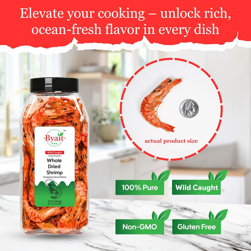 5 Oz, 95 Byait Whole Dried Shrimp Approx. Pieces, Dehydrated & Wild-Caught Shrimp for Snacks, Salads, Soups, Cooking