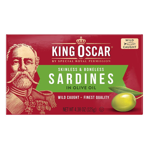 4.38 (Pack 12, Packaging King Oscar Sardines in Olive Oil, Ounce Cans of May Vary), Skinless & Boneless, Wild Caught