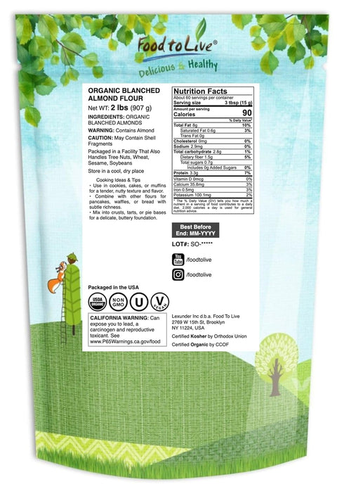 2 Food to Live Organic Almond Flour, Pounds Extra Fine Blanched Prime Meal, Non-GMO, Low Carb, Culinary Grade, Kosher