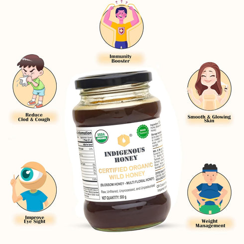 17.64 oz INDIGENOUS HONEY USDA Certified Organic Raw Wild Blossom Honey, Unfiltered Small-Batch Micro-Lot Harvest
