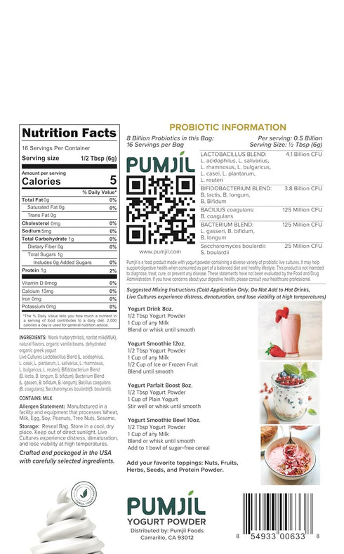 8 14 4 4oz 16 Pumjil Vanilla Yogurt Smoothie Mix, Sugar-Free Sweetened with Monk Fruit, Billion Probiotic Live