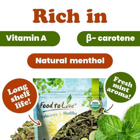 12 Food to Live - Organic Peppermint Leaves, Ounces Dried, Cut & Sifted. Non-GMO. Caffeine-free. Non Irradiated. Good