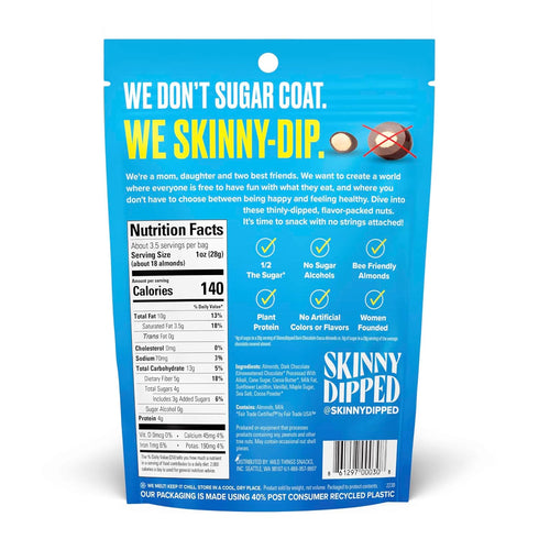 3.5 Oz Pack 1 SkinnyDipped Dark Chocolate Cocoa Almonds, Healthy Snack, Plant Protein, Gluten Free, Resealable Bag