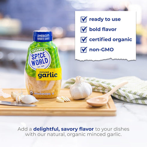 Spice World Squeezable Organic Minced Garlic – Value 20oz Garlic Container, USDA Certified Organic Garlic with Non-GMO Ingredients – Ready-to-Use Seasonings for Cooking in Convenient Squeeze Bottle