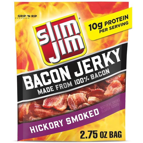Slim Jim Smoked Bacon Jerky, Hickory Flavor, 10g Protein Per Serving, 2.75