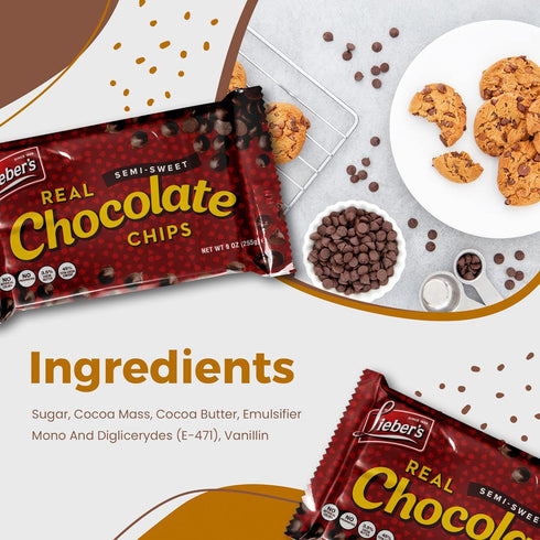 Lieber’s Vegan Semi-Sweet Real Chocolate Chips, 9 oz, Gluten Free, Dairy Free, Low Calorie for Baking