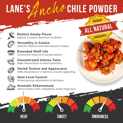 Lane's Ancho Chile Powder Spice, All-Natural Ancho Chili Powder Seasoning with Sweet & Smoky Ancho Chiles Flavor, No Preservatives Made in USA, 7.3 Oz