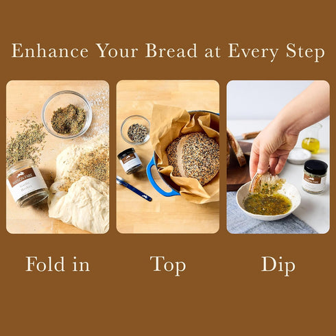 Set 3 Set of Artisan Bread Seasoning Mixes Garlic Herbs with Black Garlic, Seed Blend, and Toasted Onion With Lemon |