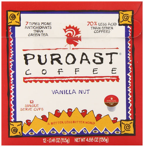 Puroast Low Acid Coffee Vanilla Single Serve Pods - Medium Roast, 12 Count, Compatible with Keurig Brewer