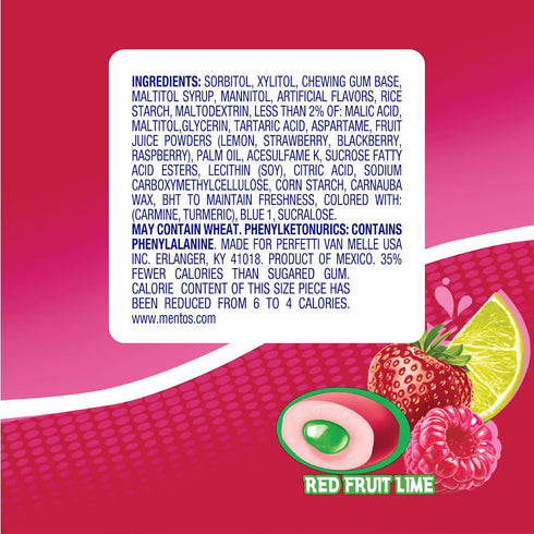 50 Pack 6 Mentos Sugar Free Gum, Red Fruit Lime, Piece Bottle