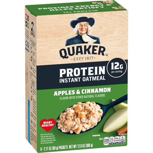 Quaker Protein Instant Oatmeal, Apple Cinnamon, 12g Protein per Serving, Whole Grains,