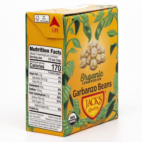 13.4 oz. Packed (8-PACK) Jack's Organic Chickpeas Garbanzo Beans | with Protein and Fiber, Heart Healthy, Low Sodium