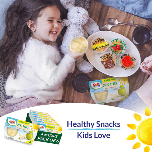 Dole Fruit Bowls Diced Pears in 100% Juice, 4oz, 24 Total Cups, Gluten & Dairy Free, Bulk Lunch Snacks