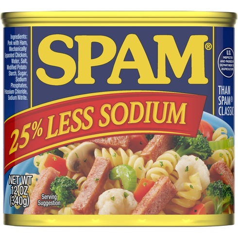25% 12 oz 12 Pack SPAM Less Sodium Canned Meats, Cans