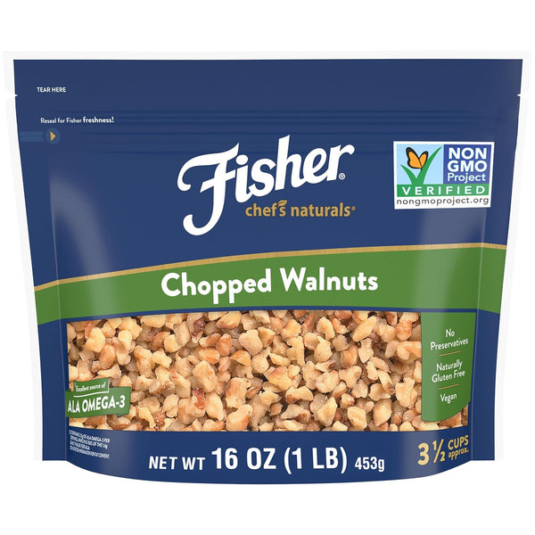 Fisher Chef's Naturals Chopped Walnuts - 1 lb 100% California Unsalted Walnuts for Baking & Cooking