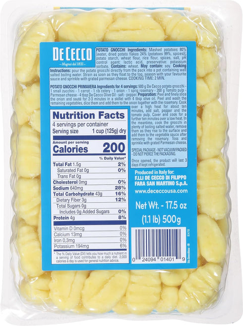 No.401, 17.6 OZ De Cecco Pasta, Potato Gnocchi - Made in Italy, High in Protein & Iron, Bronze die