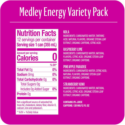 4-Flavor Pack 12 (Pack 12) Zevia Zero Calorie Energy Drink Medley Variety Ounce Cans