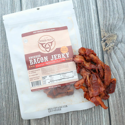Mission Meats Candied Bacon Jerky (Sriracha) - Delicious Savory & Sweet Snack, Gluten Free, 2oz (Pack of 3)