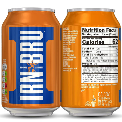 32 11.1 oz Pack 6 IRN-BRU Original Scottish Sparkling Soda, Citrus Flavored Carbonated Drink - Sparkling Flavored Soft