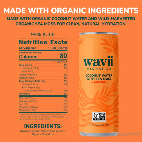 12 Pack, 11 oz Wavii Coconut Water with Sea Moss plus Mango, fl Clean Hydration with Electrolytes and Ocean-Derived