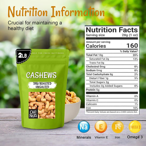 2 lb Packed Oh! Nuts Cashews Roasted Unsalted - - Dry Roasted Unsalted Cashews - in New York Zip-Seal Bag